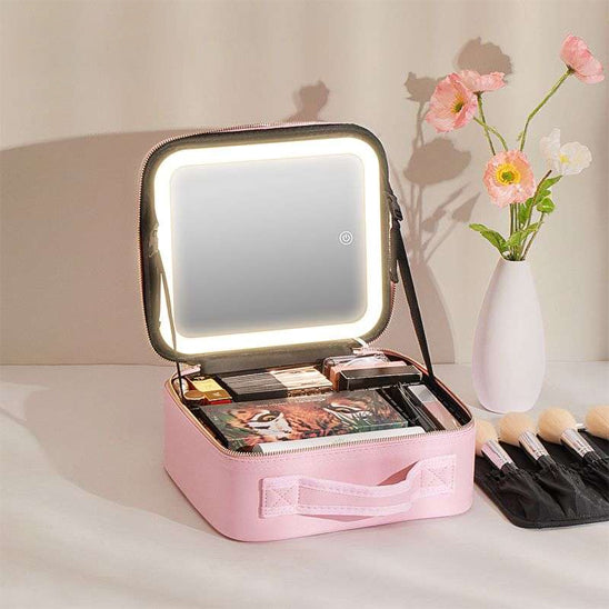 Trousse maquillage rose avec miroir LED
